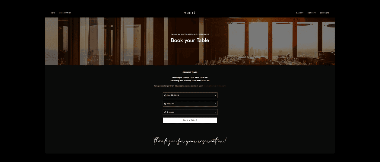 Sistema de reservas online integrado com OpenTable no website do restaurante Verité.