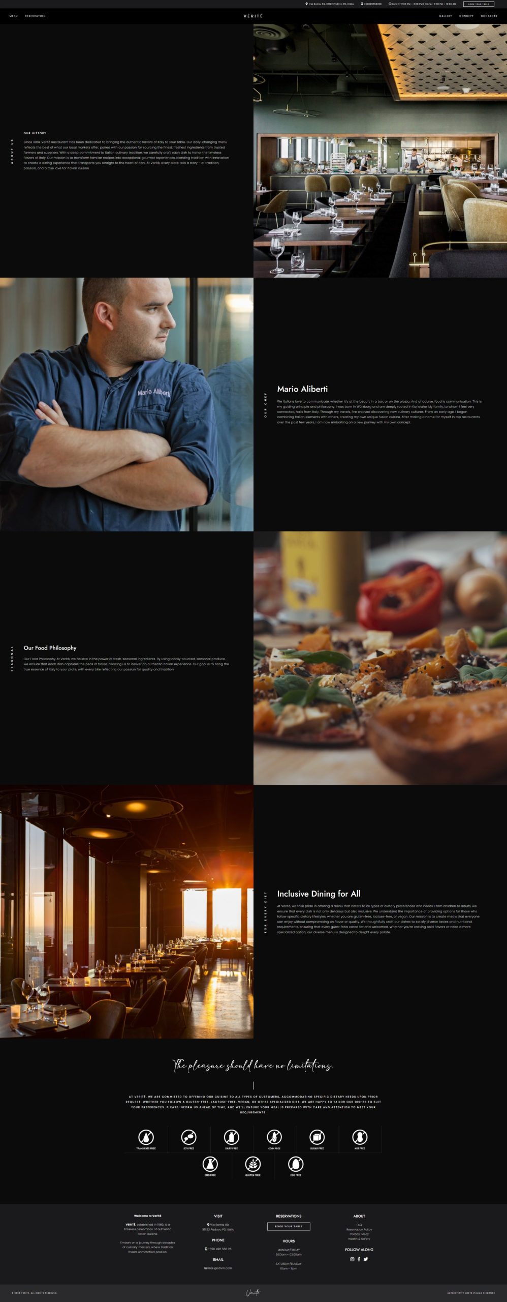 Websites para Restaurantes em Portugal - Verité - Sistema de reservas online integrado com OpenTable no website do restaurante italiano de luxo Verité, parte de um design moderno para restaurantes em Portugal, com funcionalidades de criação de sites para restaurantes.
