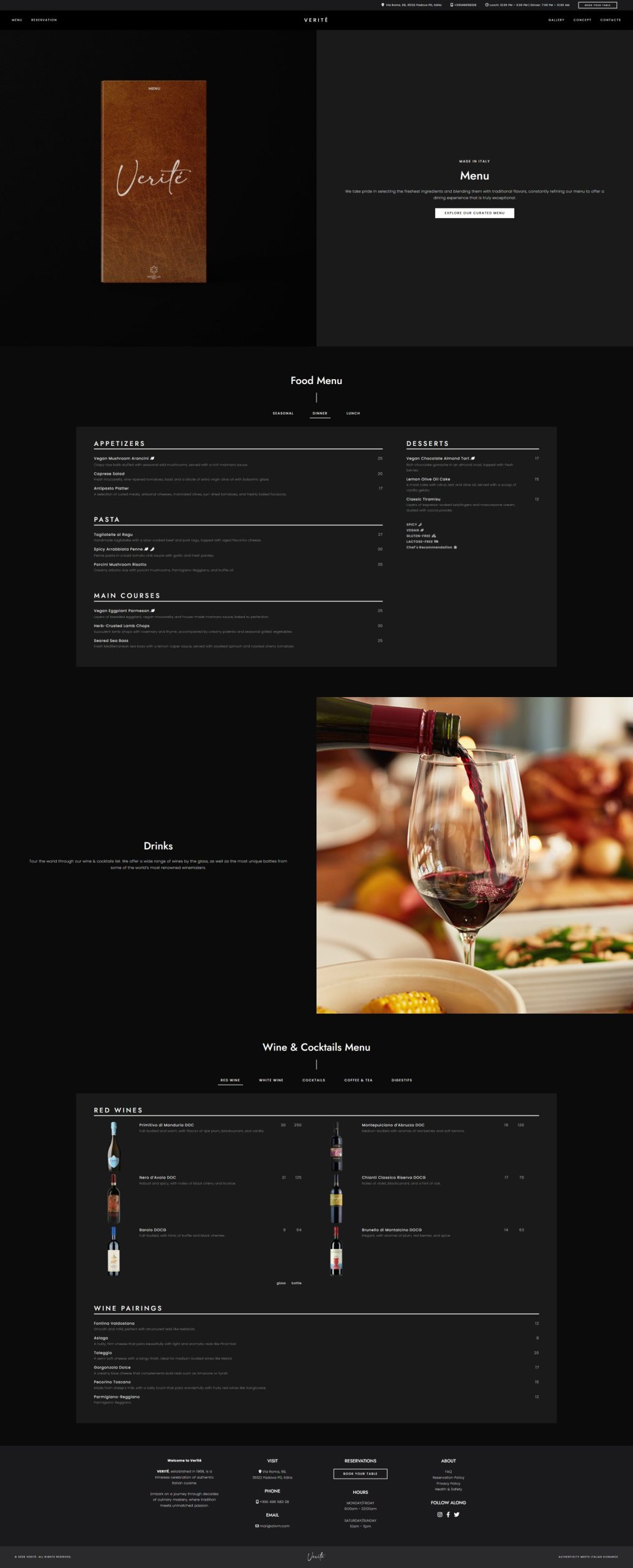 Websites para Restaurantes em Portugal - Verité - Sistema de reservas online integrado com OpenTable no website do restaurante italiano de luxo Verité, parte de um design moderno para restaurantes em Portugal, com funcionalidades de criação de sites para restaurantes.