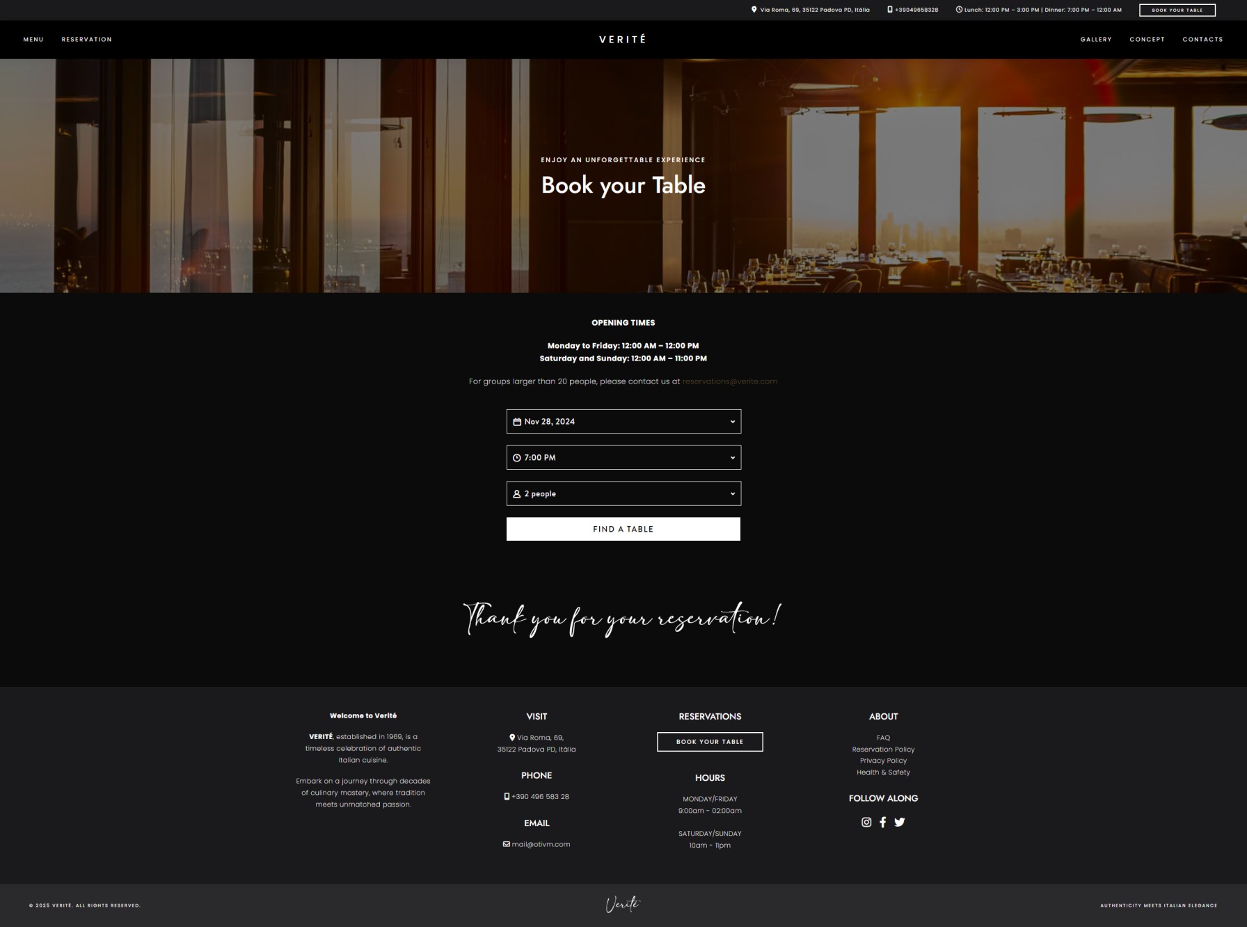 Websites para Restaurantes em Portugal - Verité - Sistema de reservas online integrado com OpenTable no website do restaurante italiano de luxo Verité, parte de um design moderno para restaurantes em Portugal, com funcionalidades de criação de sites para restaurantes.