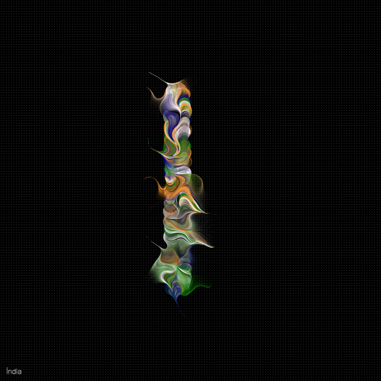 Arte interativa de Tipografia Generativa criada com P5.js, representando letras transformadas em formas geométricas dinâmicas com paletas de cores inspiradas em países.