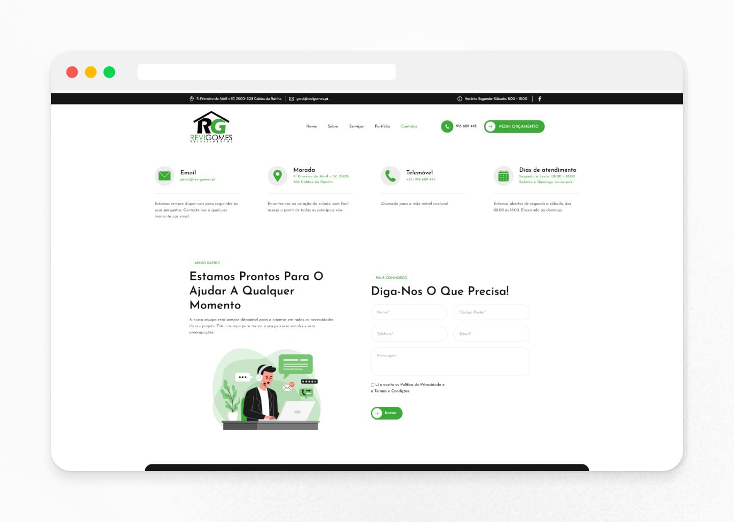 Projeto de web design – página de contactos e pedidos de orçamento criada para a Revigomes