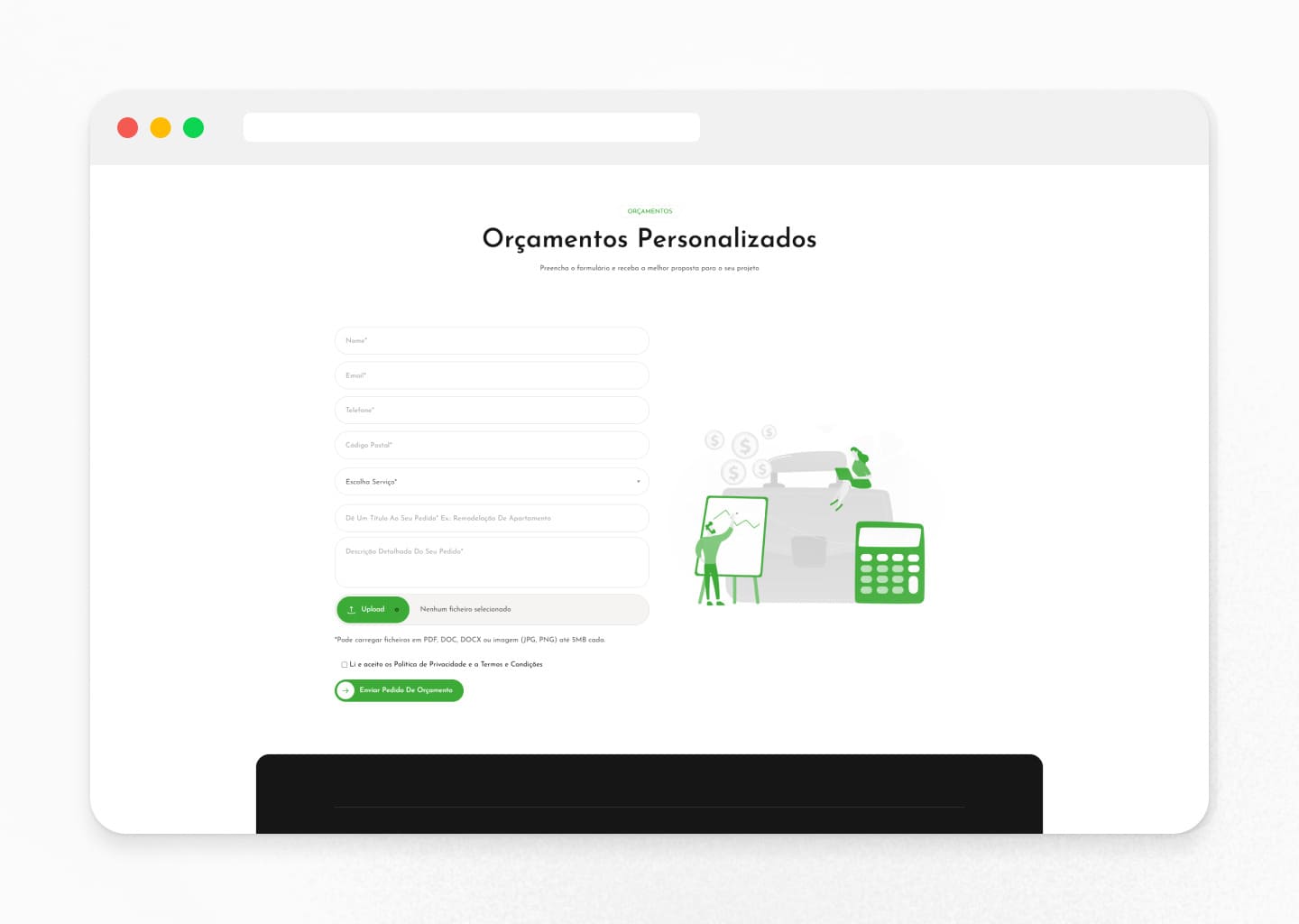 Página de orçamentos do website desenvolvido para a Revigomes