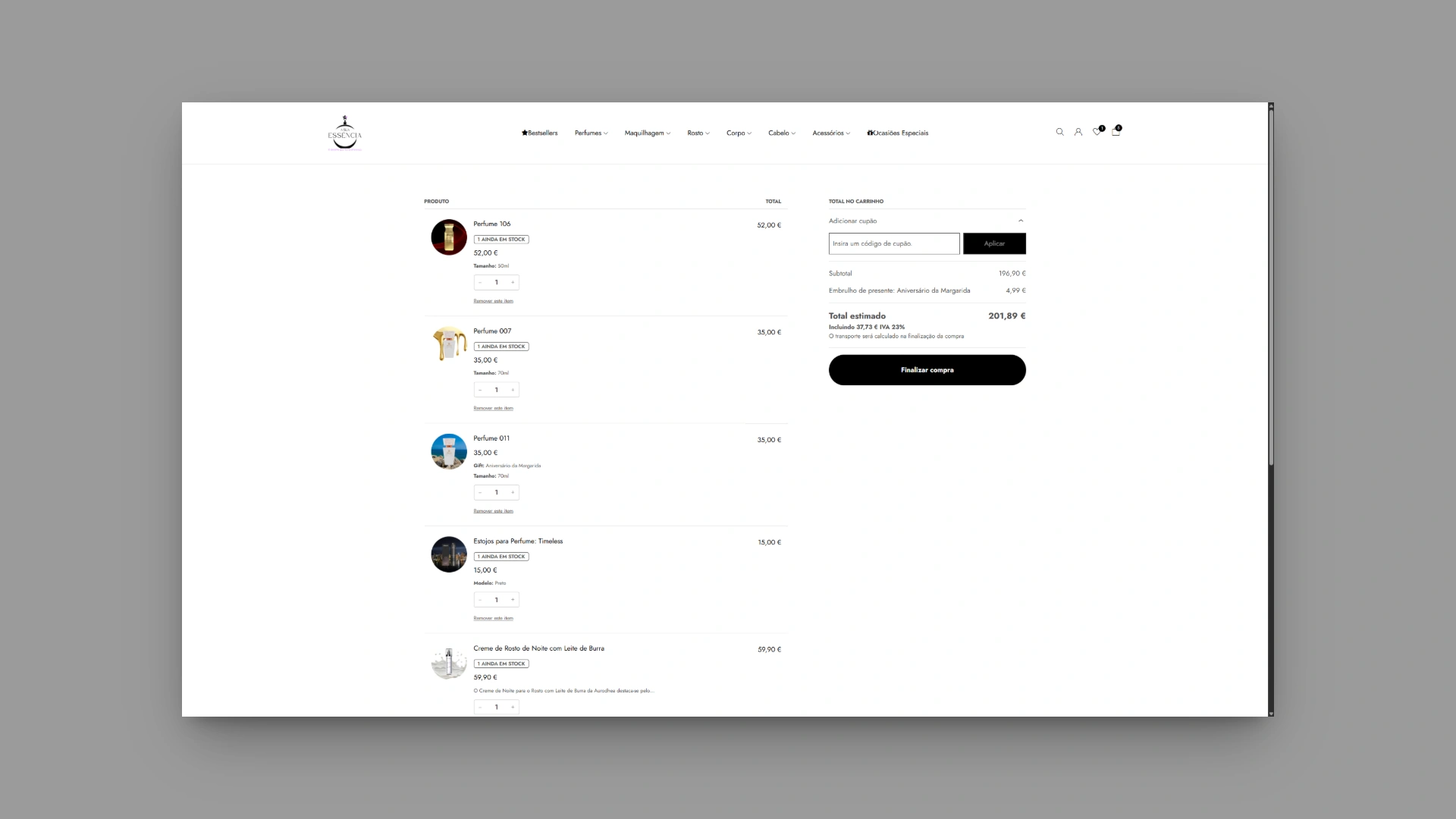 Página do carrinho da loja A Sua Essência.