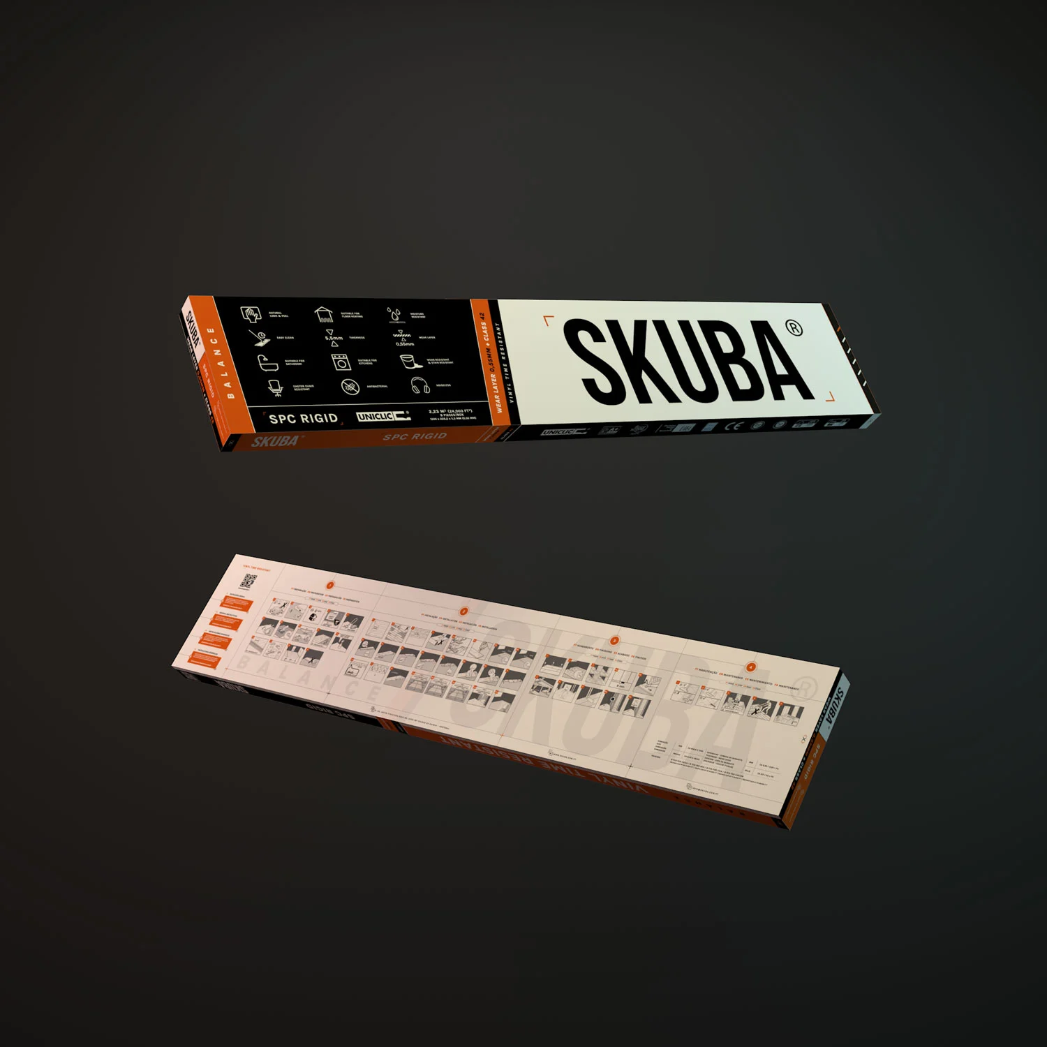 Design de Caixa Criativa em laranja, preto e branco, embalagem funcional e estética com régua destacável, ícones de uso e manual multilíngue – projeto de embalagem moderna