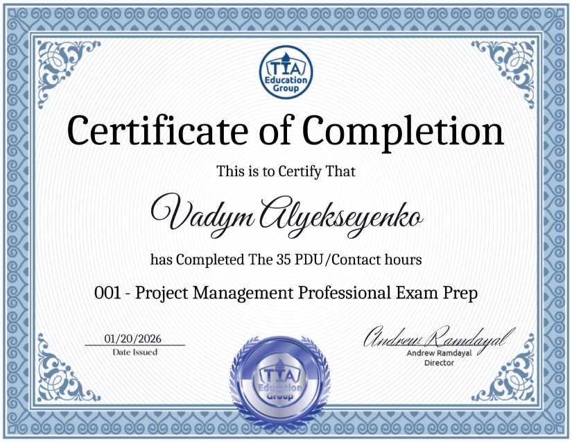 PMP Certification Exam Prep Course 35 PDU Contact Hours - PDU - Vadym Alyekseyenko PMP Certification Exam Prep Course 35 PDU Contact Hours - PDU - Vadym Alyekseyenko