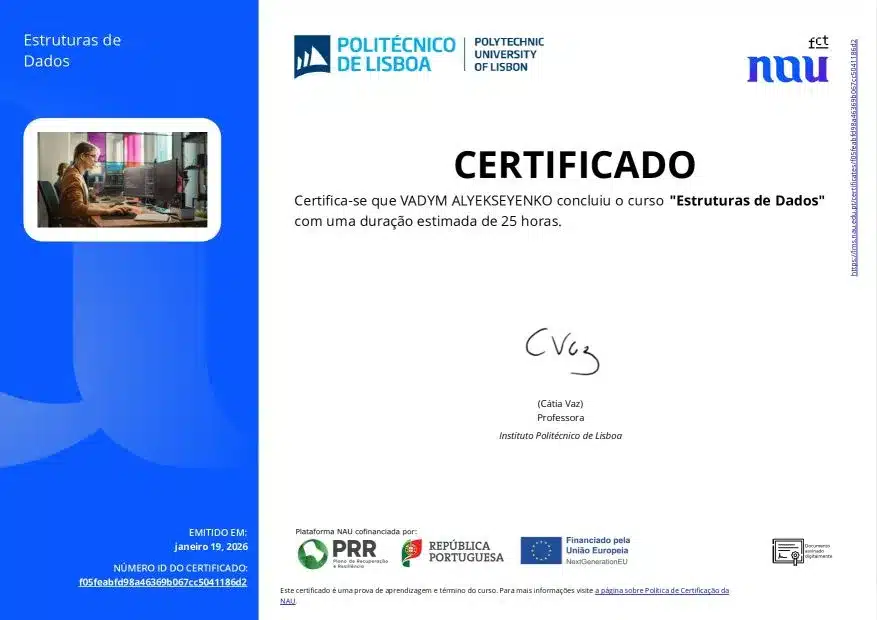 Politécnico de Lisboa - Certificado - Estruturas de Dados . VADYM ALYEKSEYENKO Politécnico de Lisboa - Certificado - Estruturas de Dados . VADYM ALYEKSEYENKO