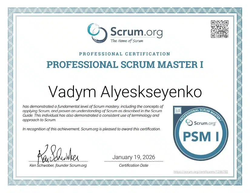 Professional Scrum Master I - Vadym Alyekseyenko Professional Scrum Master I - Vadym Alyekseyenko