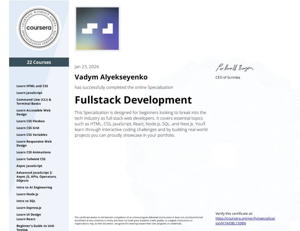 Vadym Alyekseyenko - Fullstack Developer Coursera H7AIO8L1508N