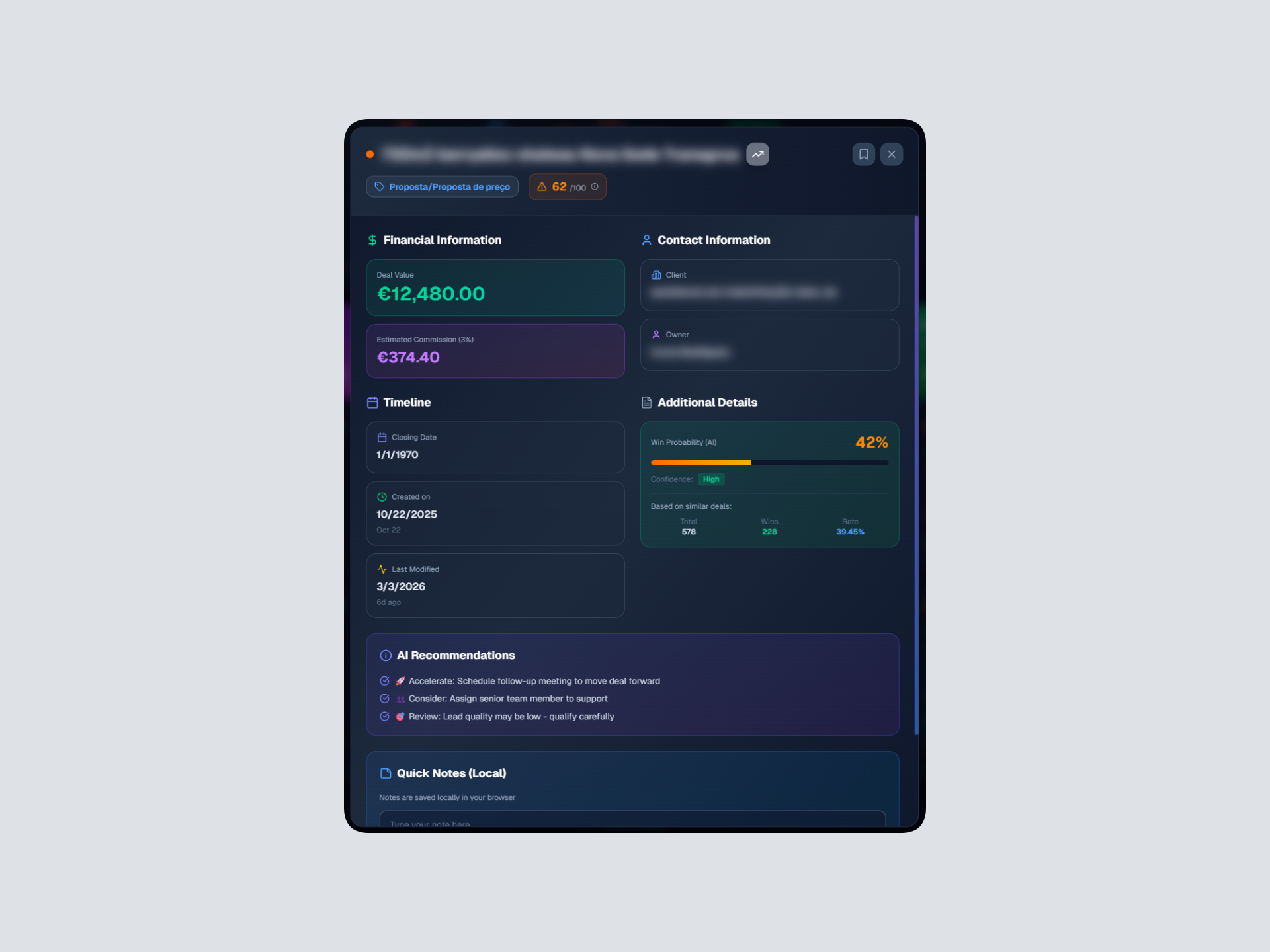 Deal details modal showing comprehensive deal information including financial overview, contact details, timeline, AI insights, and quick notes with real-time CRM data