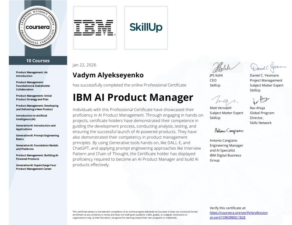 Vadym Alyekseyenko - IBM AI Product Manager - Coursera 1QBOR80C182E