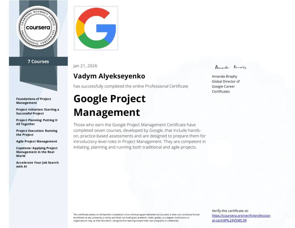 Vadym Alyekseyenko - Google Project Management - Coursera 4PJL24V5WC3R