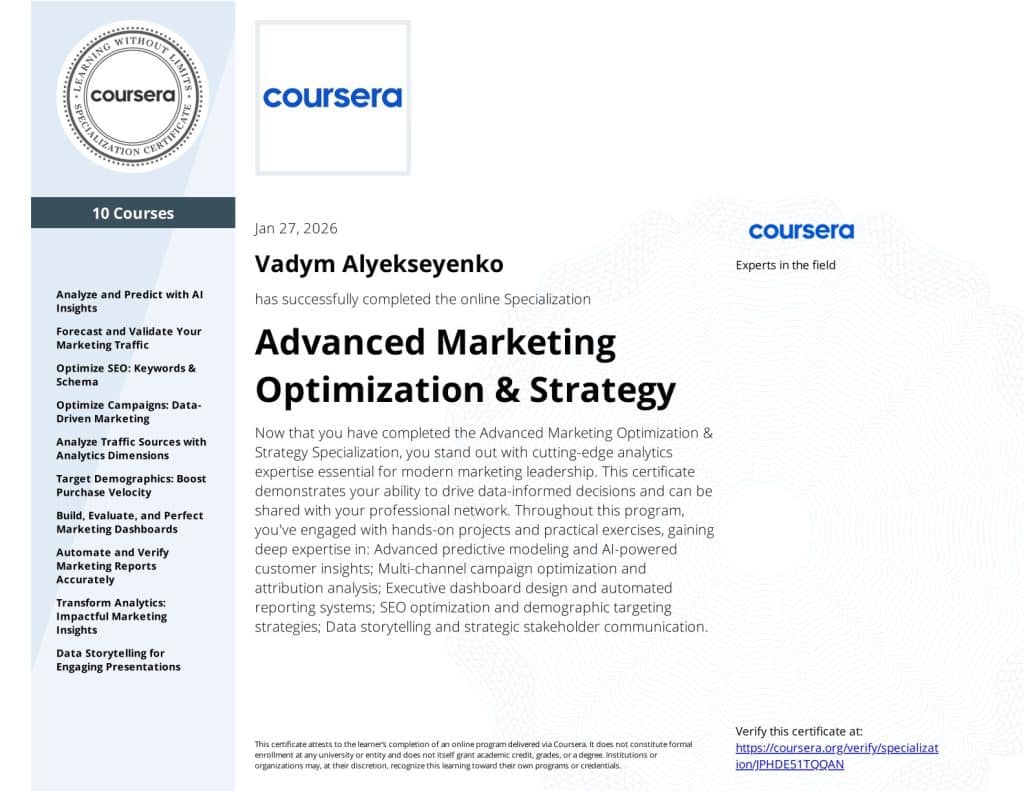 Vadym Alyekseyenko - Advanced Marketing Optimization & Strategy - Coursera JPHDE51TQQAN