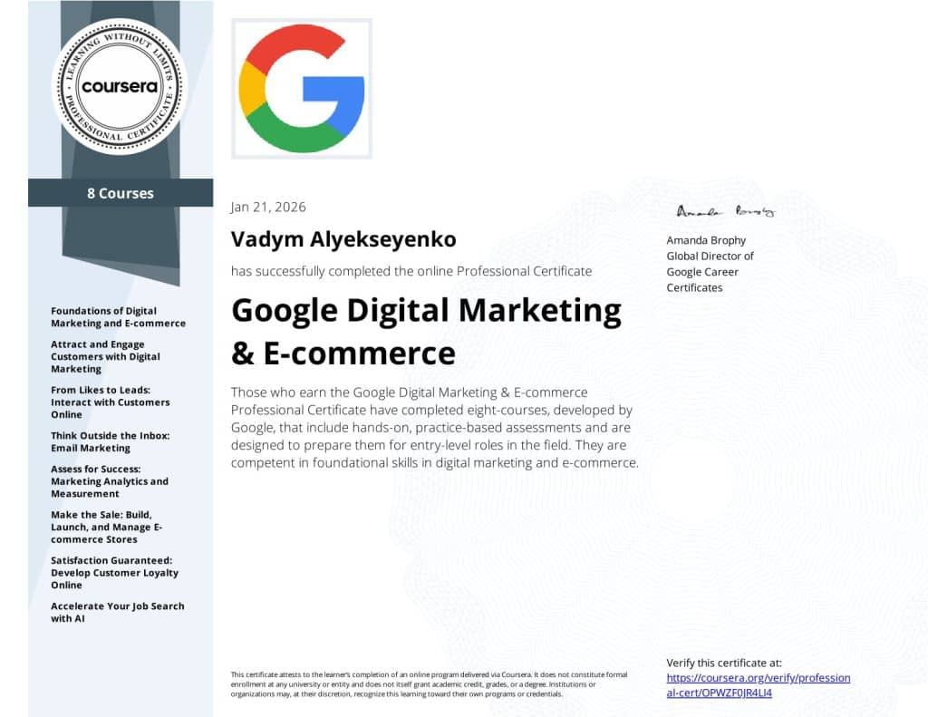 Digital Marketing & E-commerce Professional - Vadym Alyekseyenko - Coursera OPWZF0JR4LI4