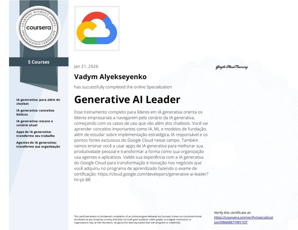 Vadym Alyekseyenko - Generative AI Leader Professional - Coursera VW6KM7YWY1OT