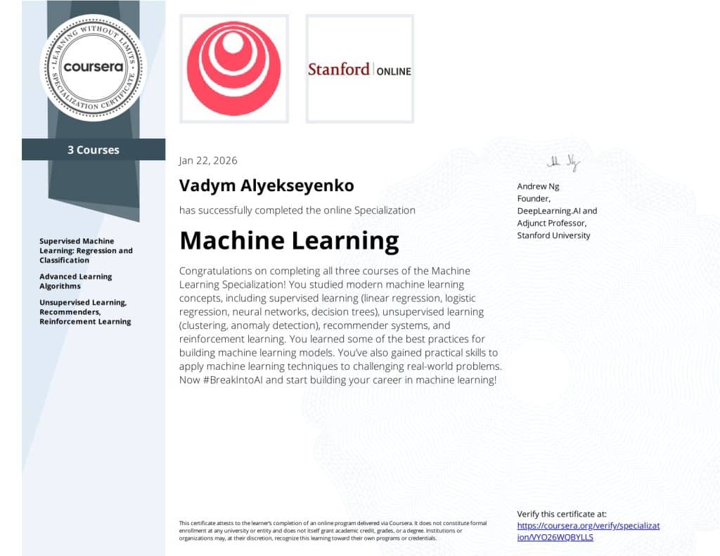 Machine Learning - Vadym Alyekseyenko - Coursera VYO26WQBYLLS