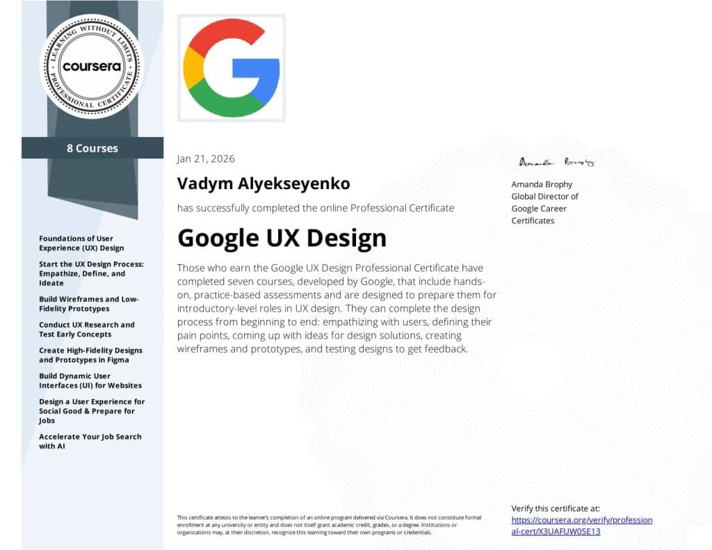 Vadym Alyekseyenko Google UX Design - Coursera X3UAFUW0SE13